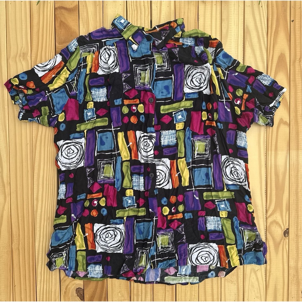 Vintage 1980s Abstract Artsy Bright Colorful Button‎ Down Blouse Black 1X